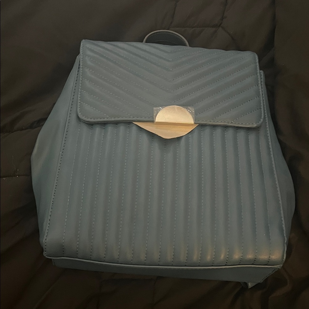Quilted Blue Women's Backpack Purse with Gold Accent